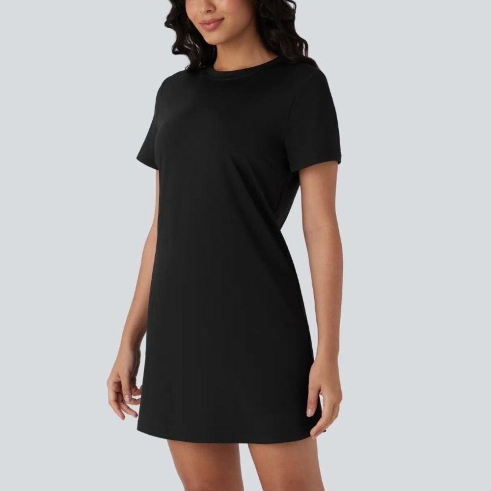 Halara Black Short Sleeve Mini Dress Performance Activewear Crew Neck Small NEW